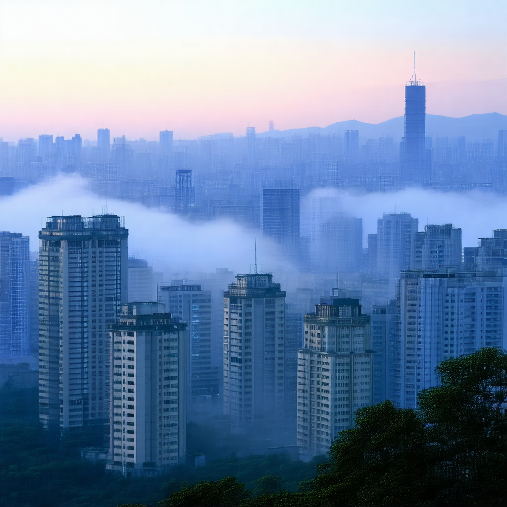 City skyline with a large building towering over the surr...