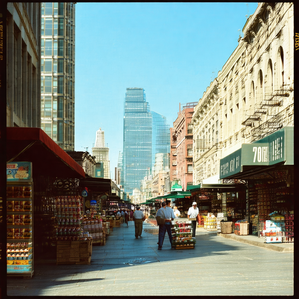 Bustling city street filled with people walking around an...
