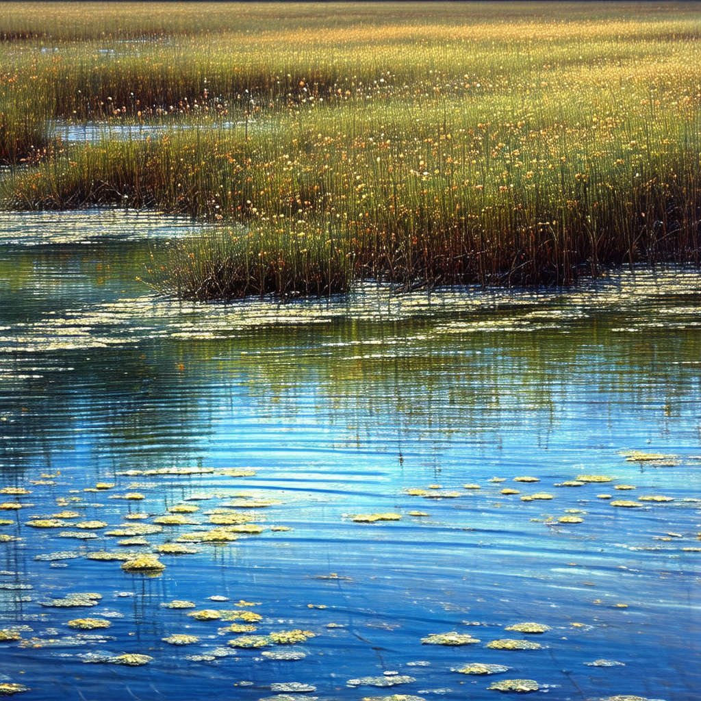 Serene scene of a lake with a grassy bank
