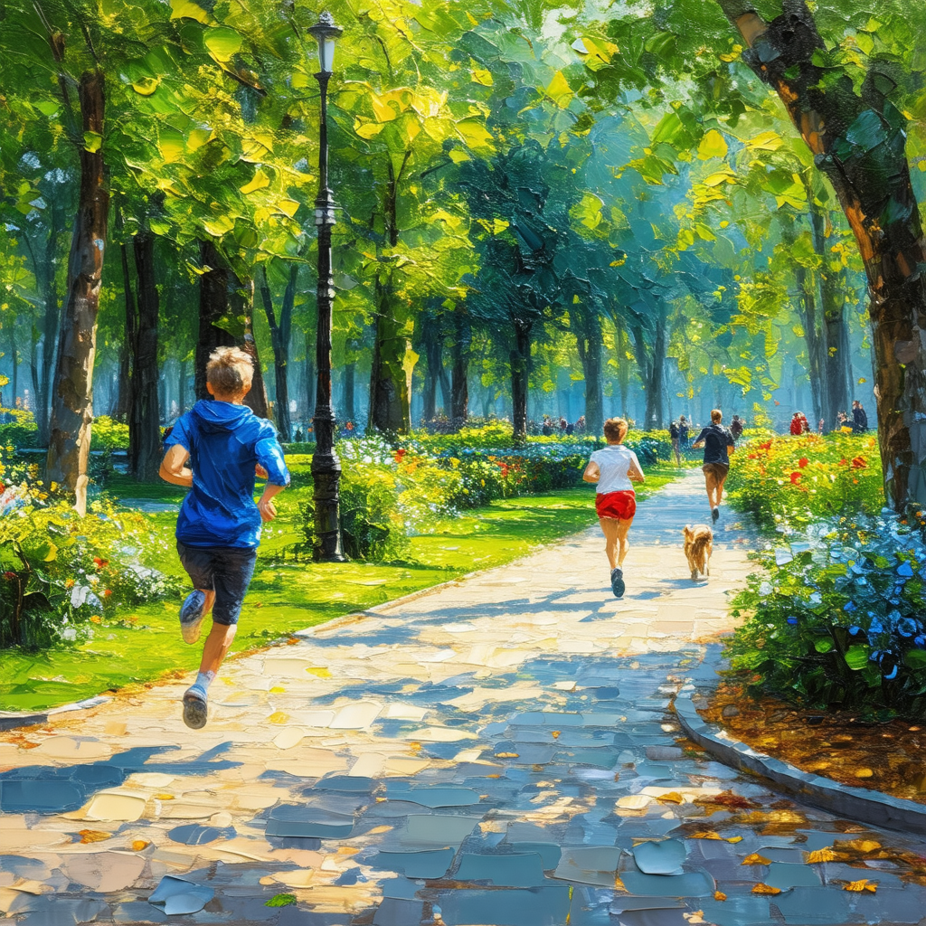 Group of people running through a park, enjoying a sunny day