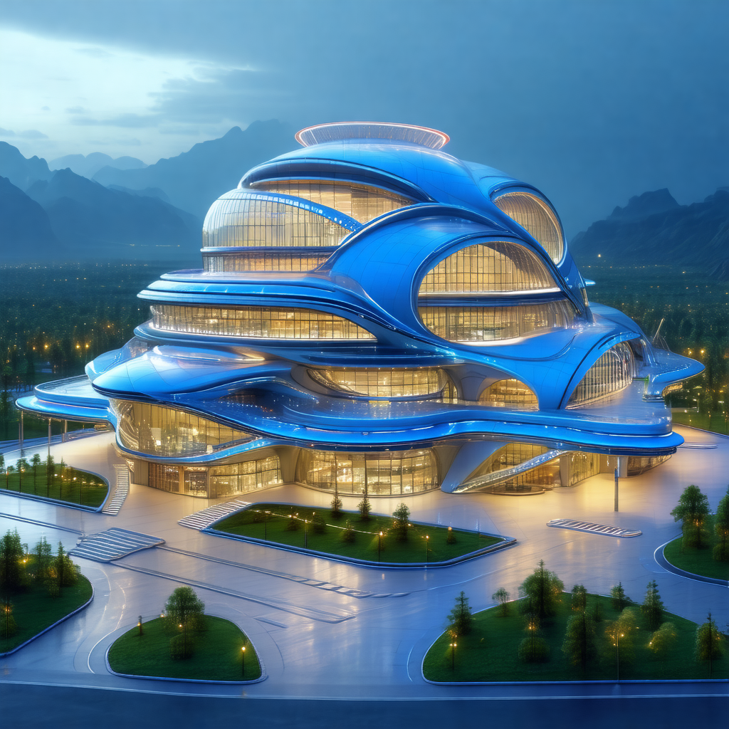 Large, futuristic building with a blue and white color sc...