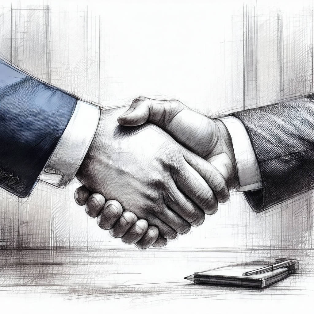 Two men are shaking hands in a business setting