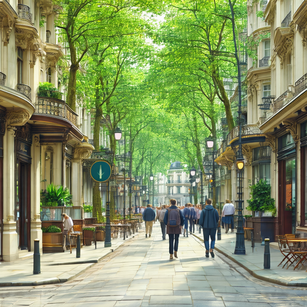 Bustling city street filled with people walking down the ...