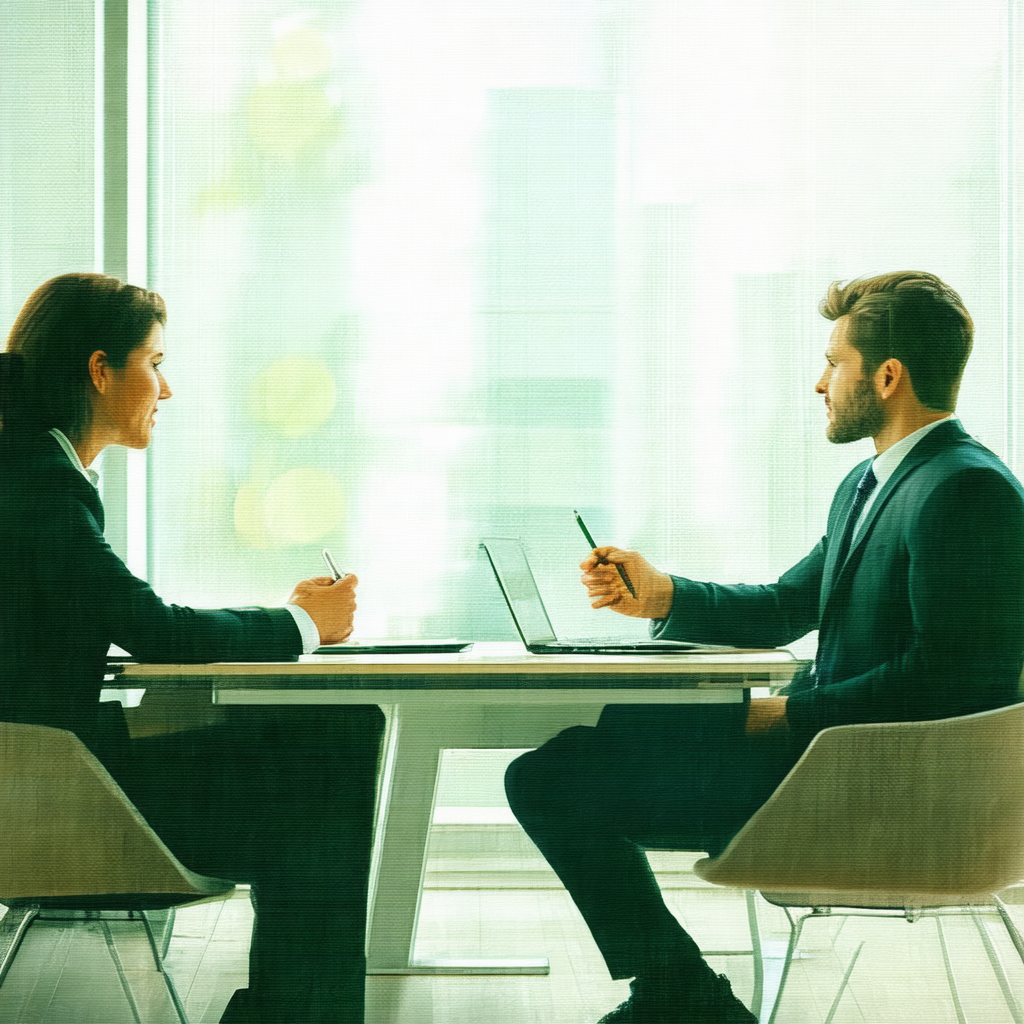 Man and a woman sitting at a table, engaged in a conversa...