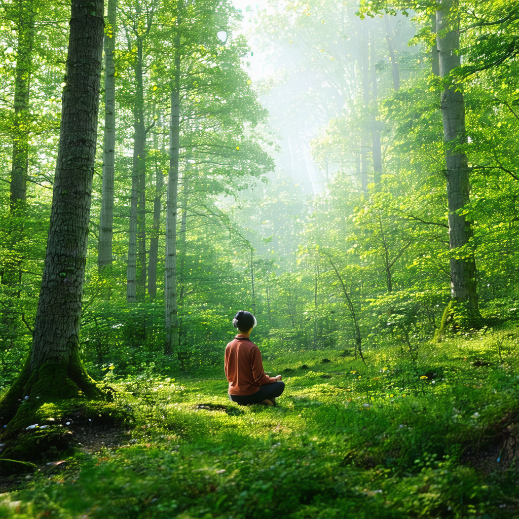 Man sitting in a forest, surrounded by trees and greenery