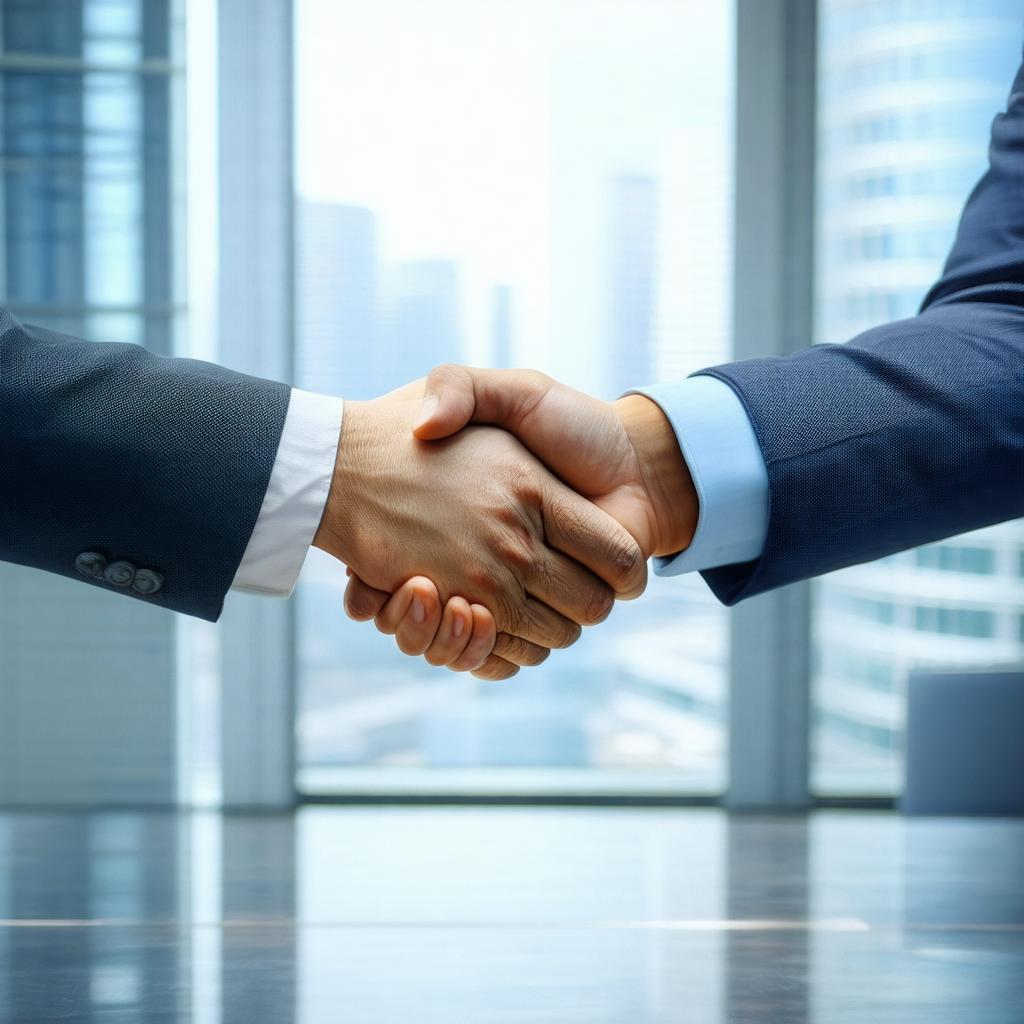 Two men shaking hands in a professional setting