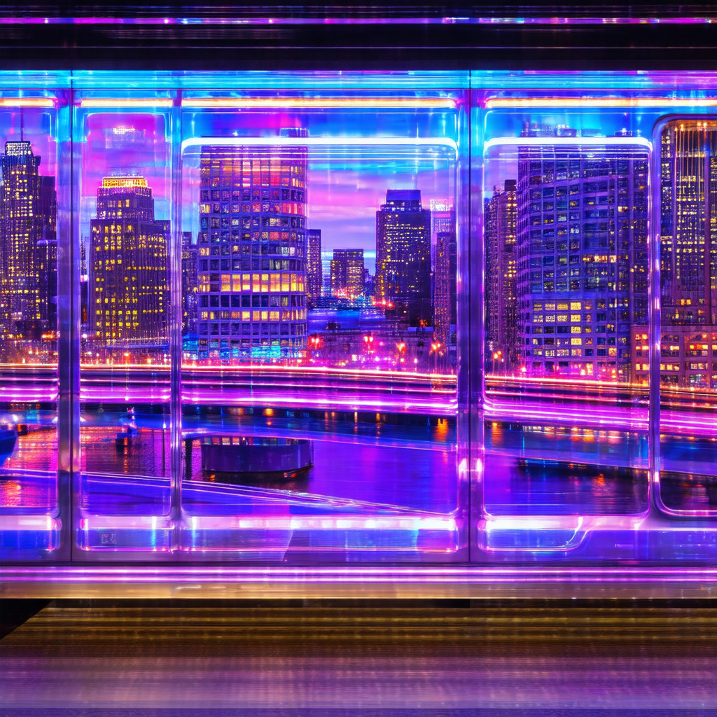 Purple and blue nighttime cityscape, featuring a large br...