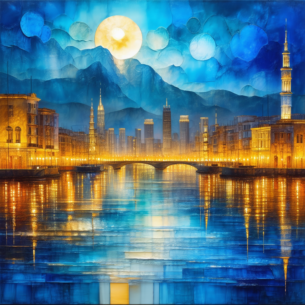 Beautiful cityscape at night, with a large body of water ...
