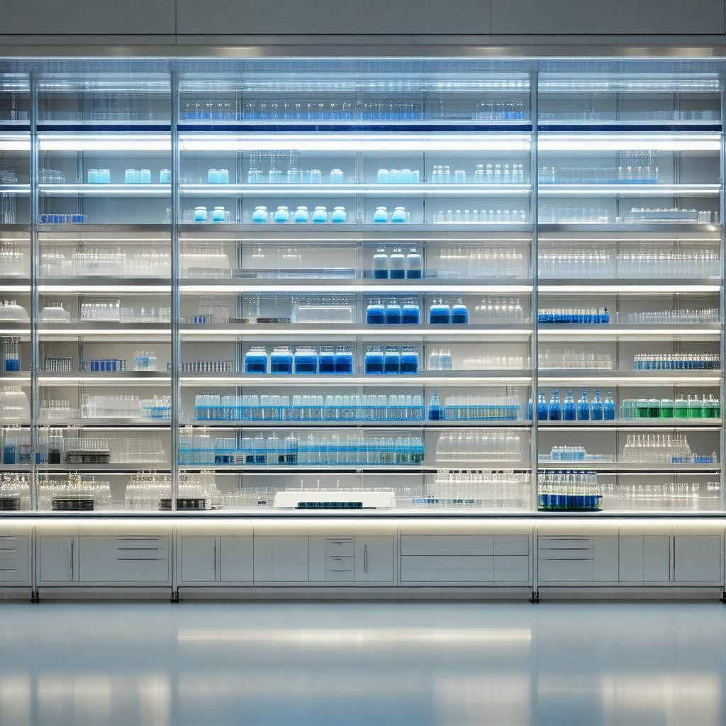 Large, well-lit display case filled with various bottles