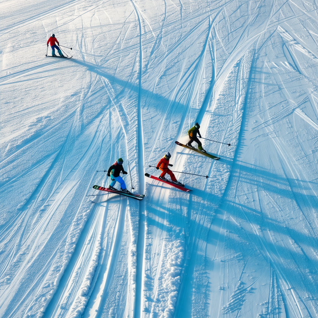 Captures a group of five people skiing down a snow-covere...