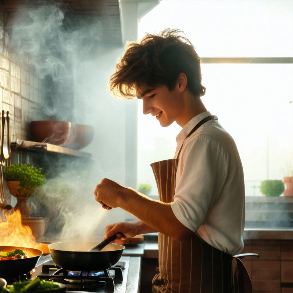 Young man standing in a kitchen, cooking a meal