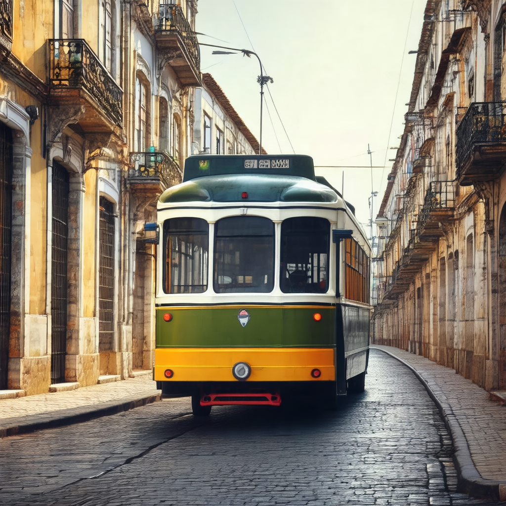 Yellow and green trolley car driving down a street