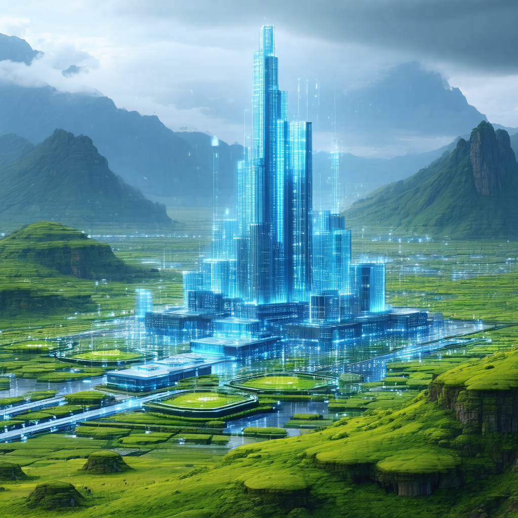 Futuristic city with a large, blue, and white tower tower...
