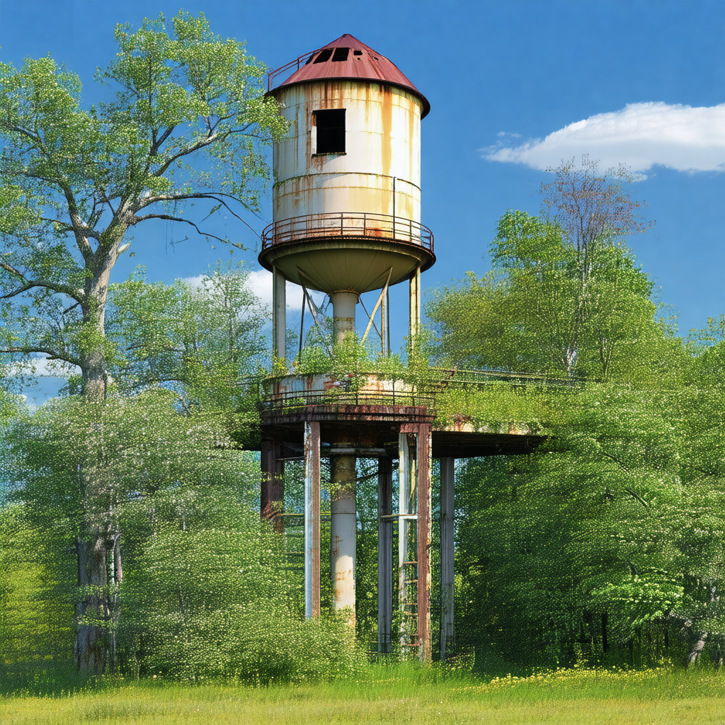 Large, rusty water tower situated in a lush green forest