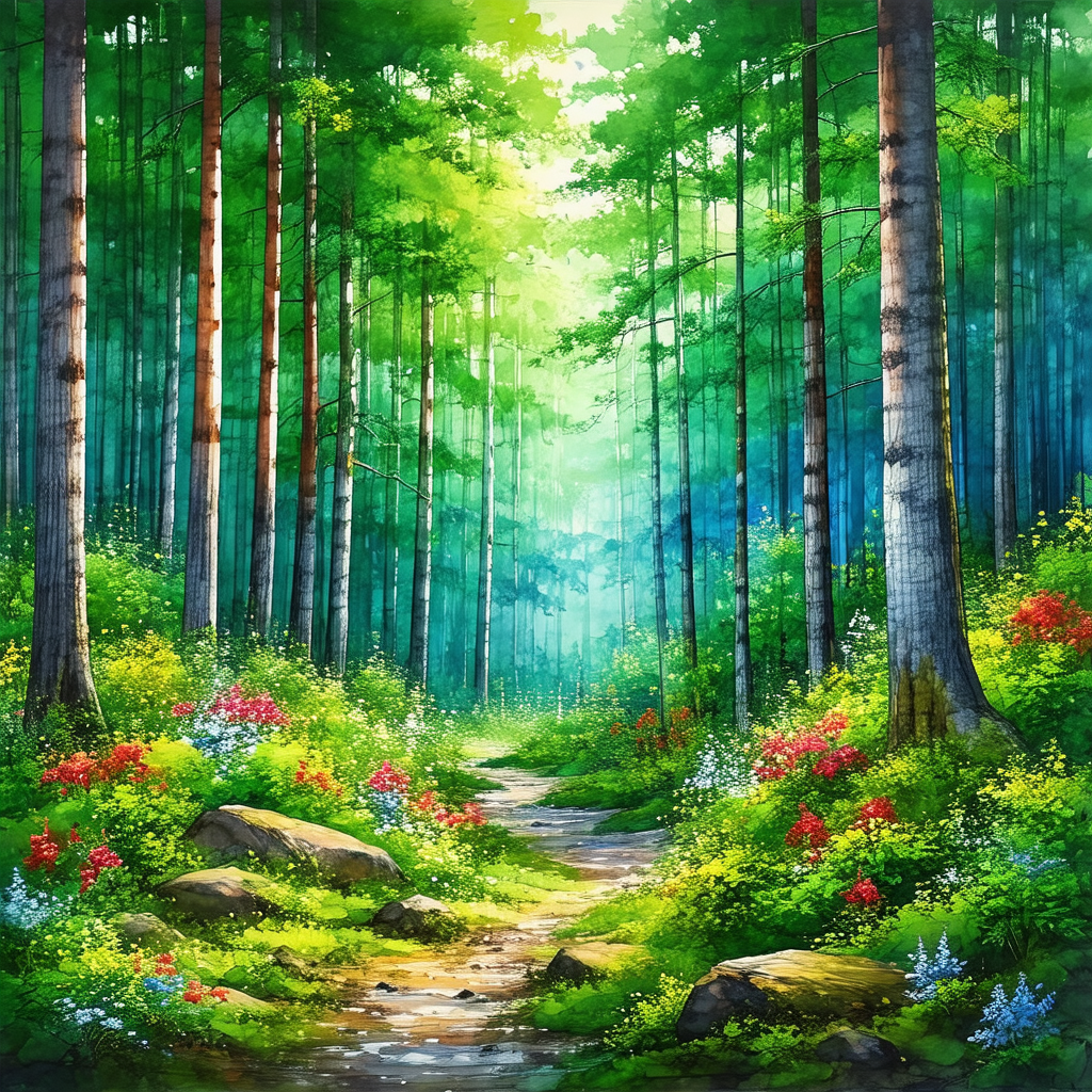 Lush green forest with a dirt path running through it