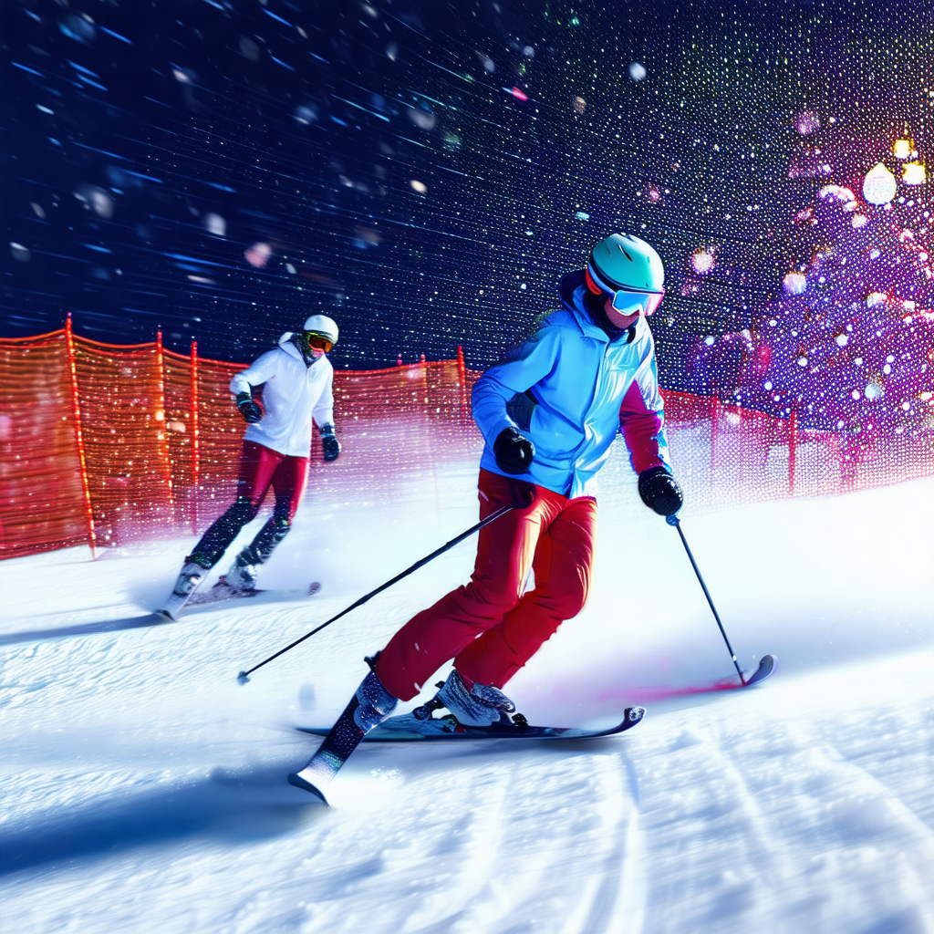 Captures a snowy scene with two people skiing down a snow...