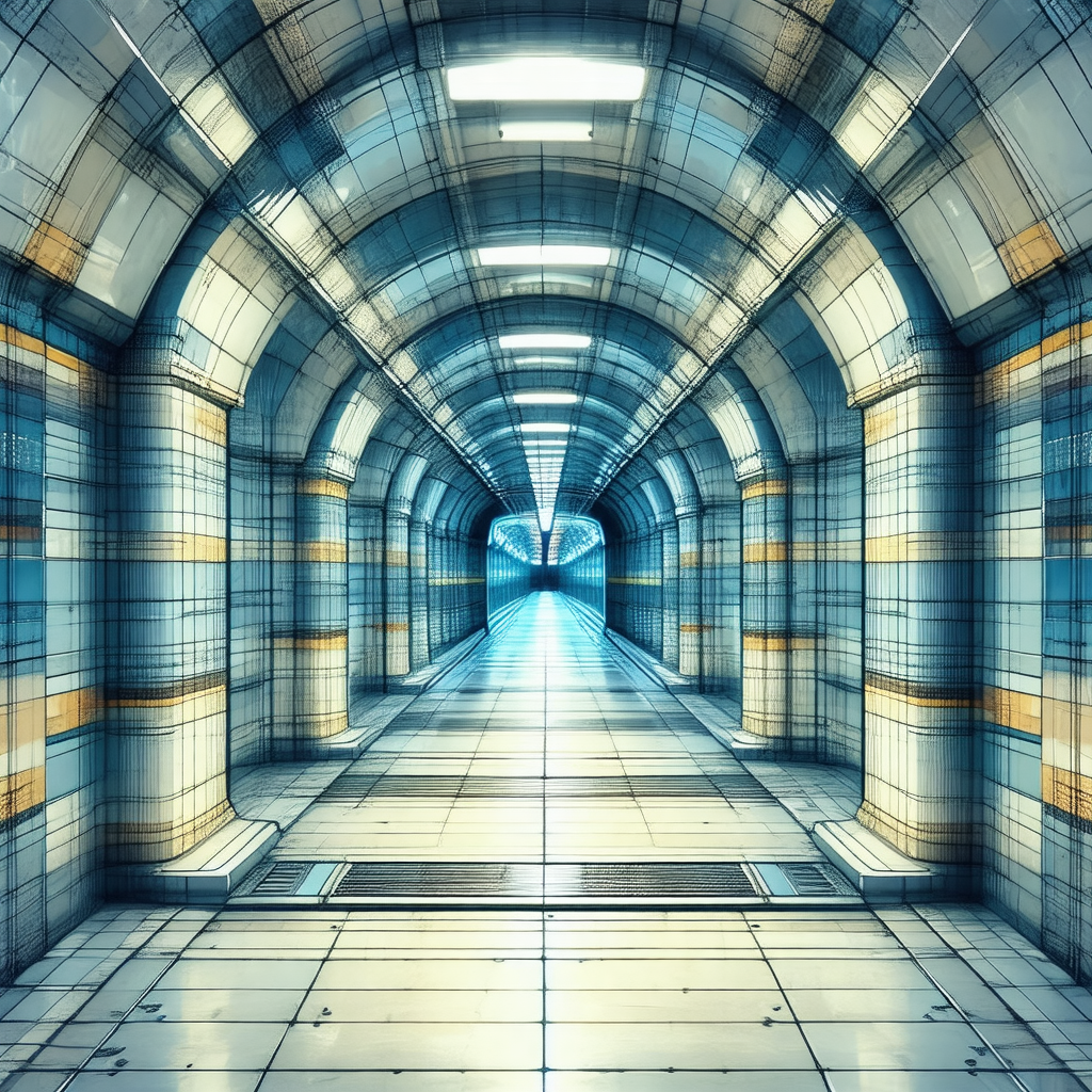 Blue and yellow tunnel that appears to be a part of a sub...