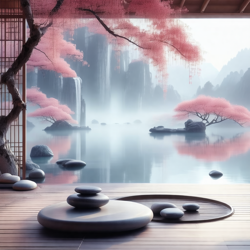 Serene scene of a pond with a waterfall in the background