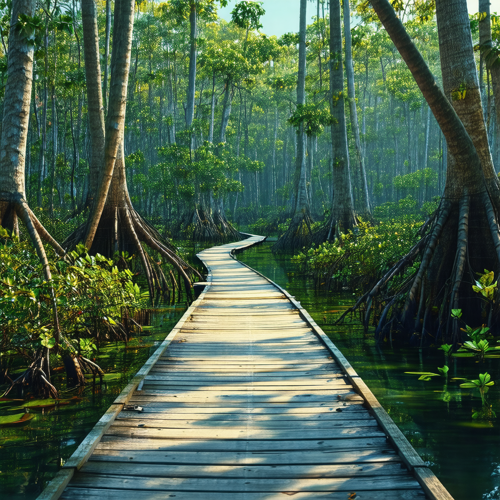 Wooden walkway or bridge that is surrounded by a lush gre...