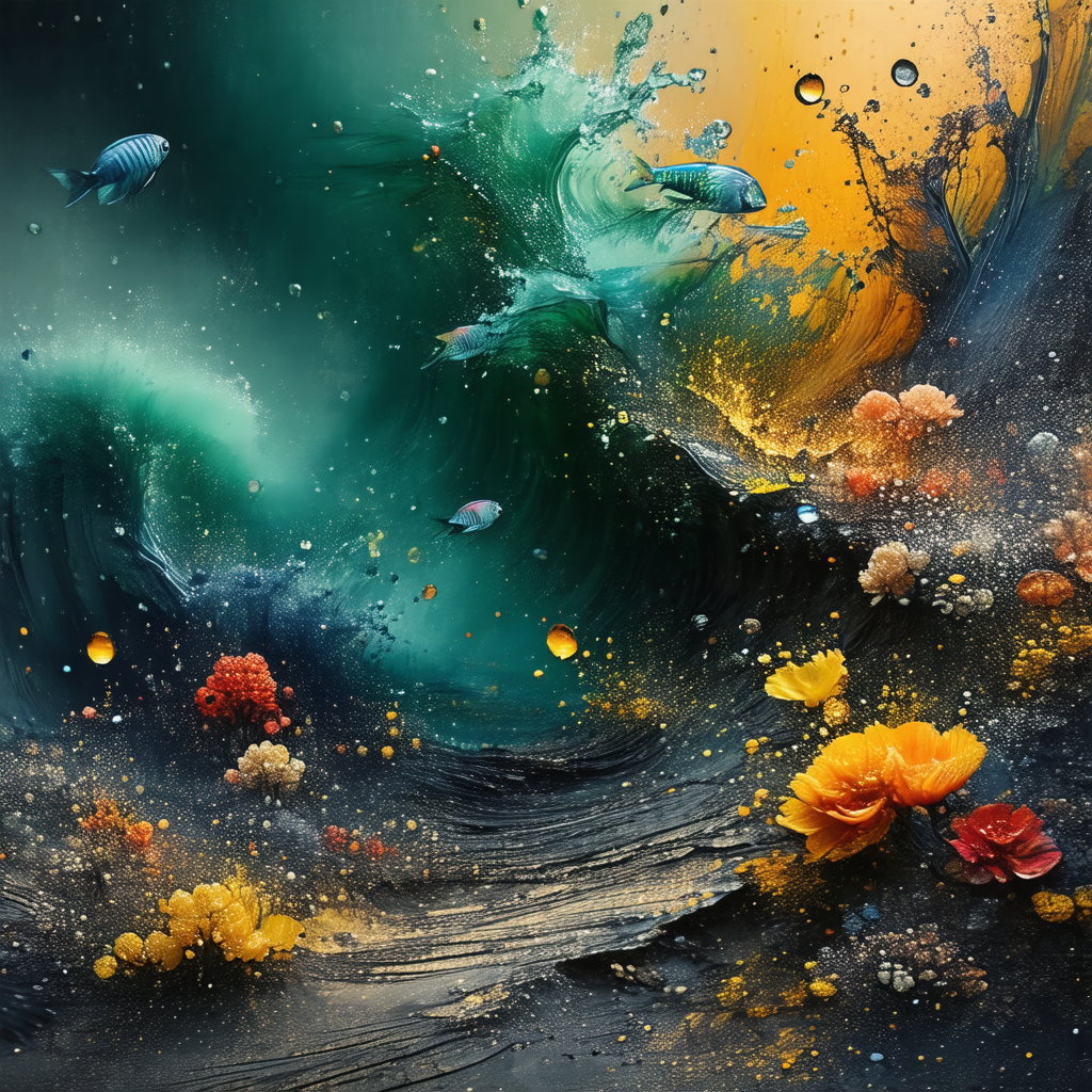 Painting of a colorful underwater scene, featuring a vari...