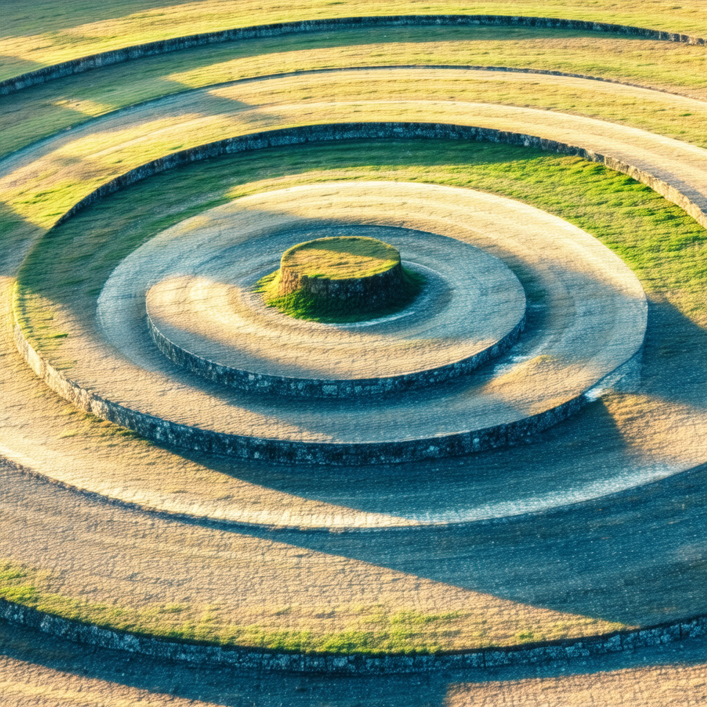 Large, circular stone structure with a grassy area surrou...