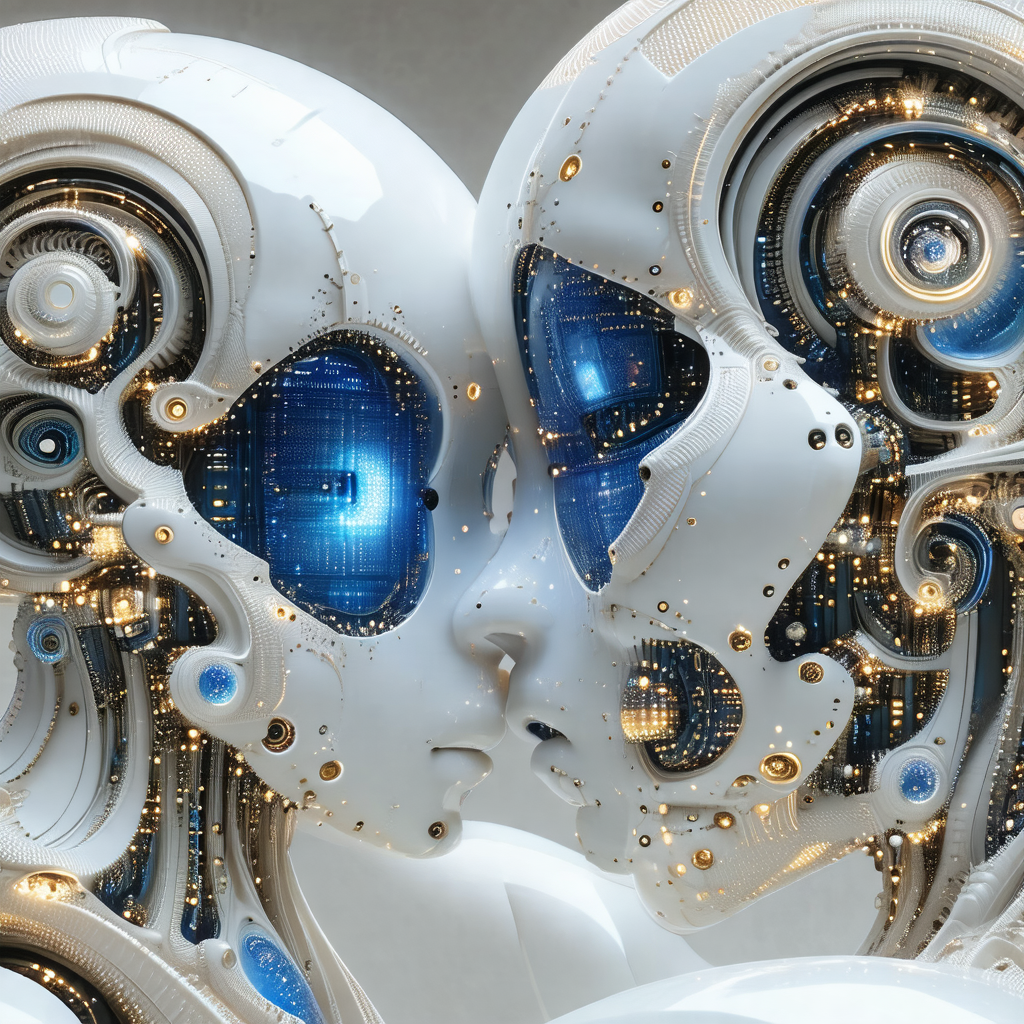 Two white robotic faces, each with blue eyes, positioned ...