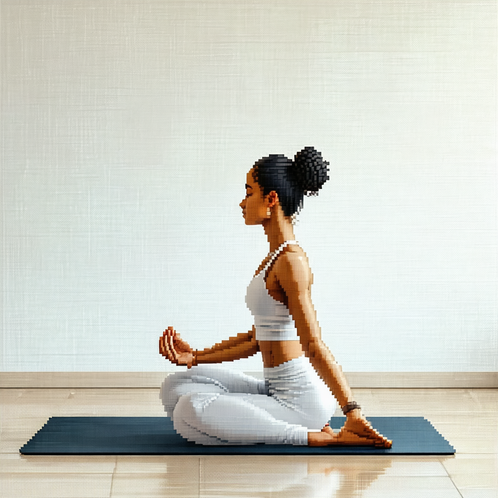 Woman sitting on a blue yoga mat, practicing mindfulness ...