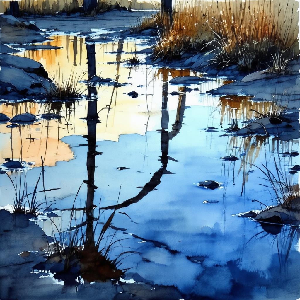 Watercolor painting of a pond with a tree in the foreground