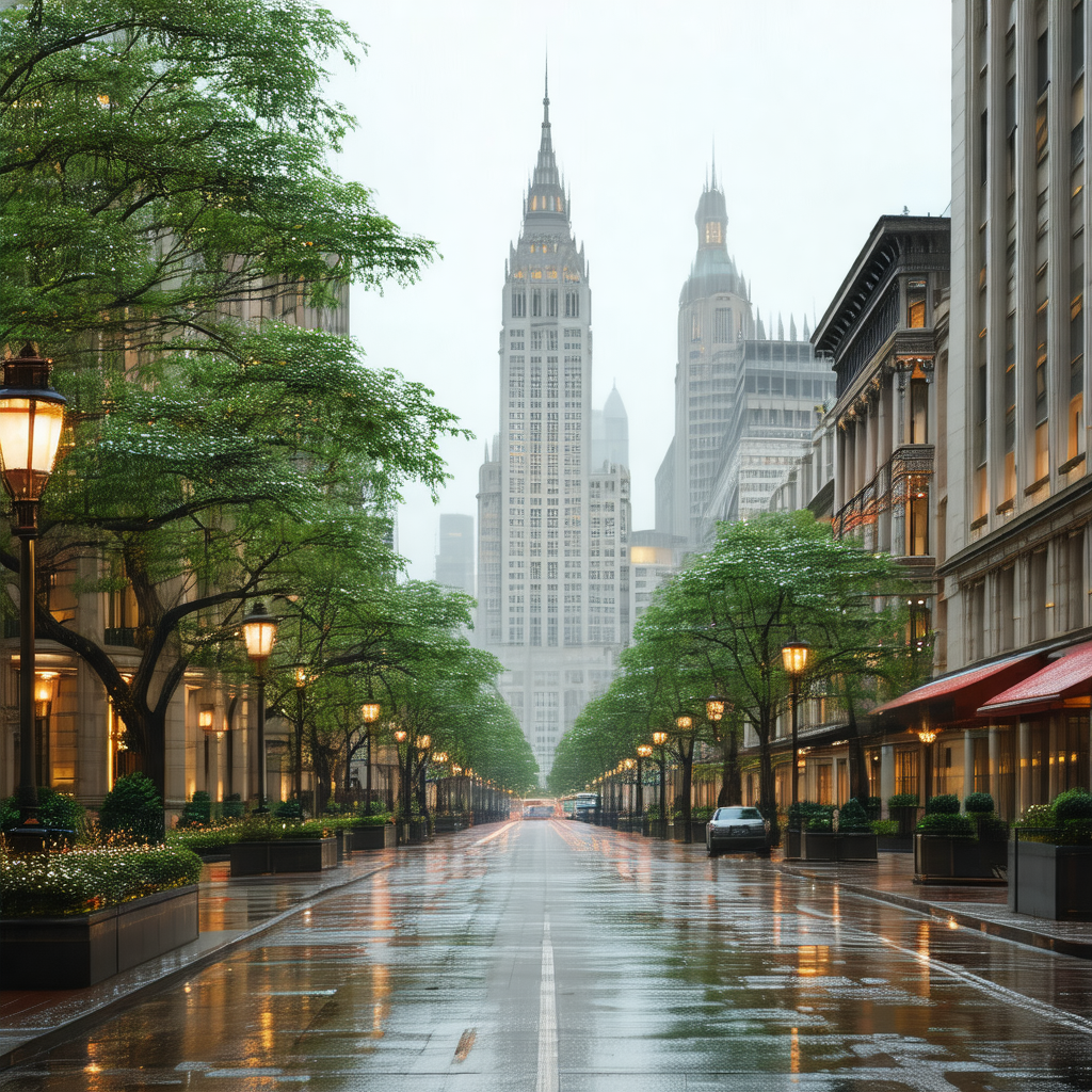 City street with a row of trees lining the sidewalk