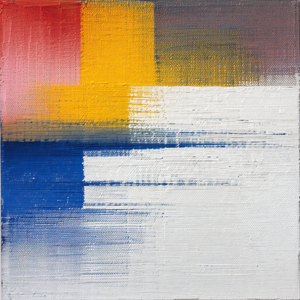 Painting of a colorful square, featuring a mix of blue, y...