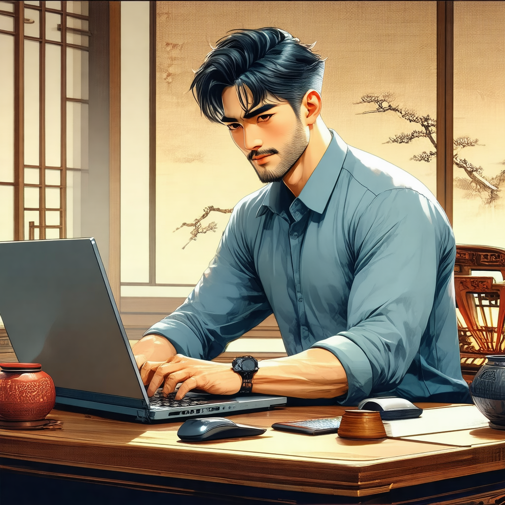 Man sitting at a desk, working on a laptop computer