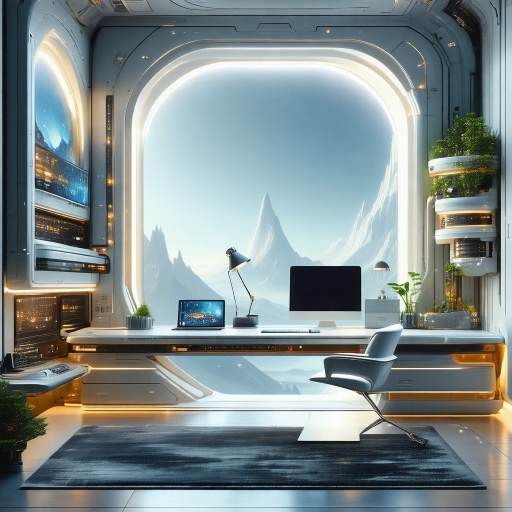 Futuristic office space with a large window that provides...