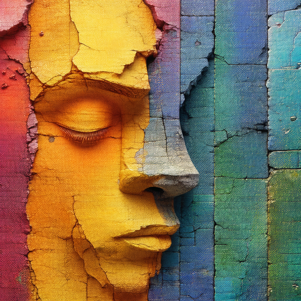 Large, colorful sculpture of a person's head, possibly a ...