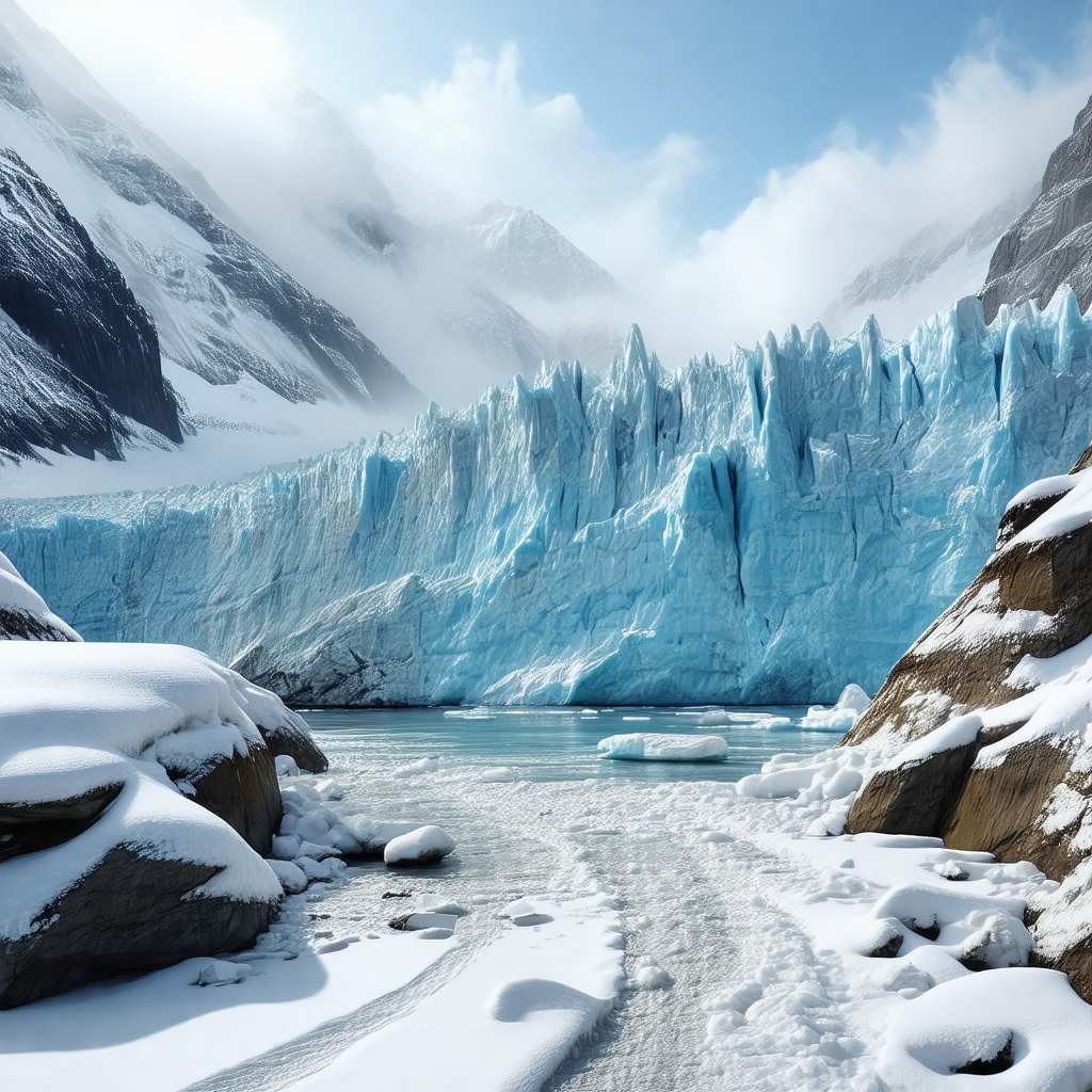 Snow-covered mountain with a large glacier in the foreground