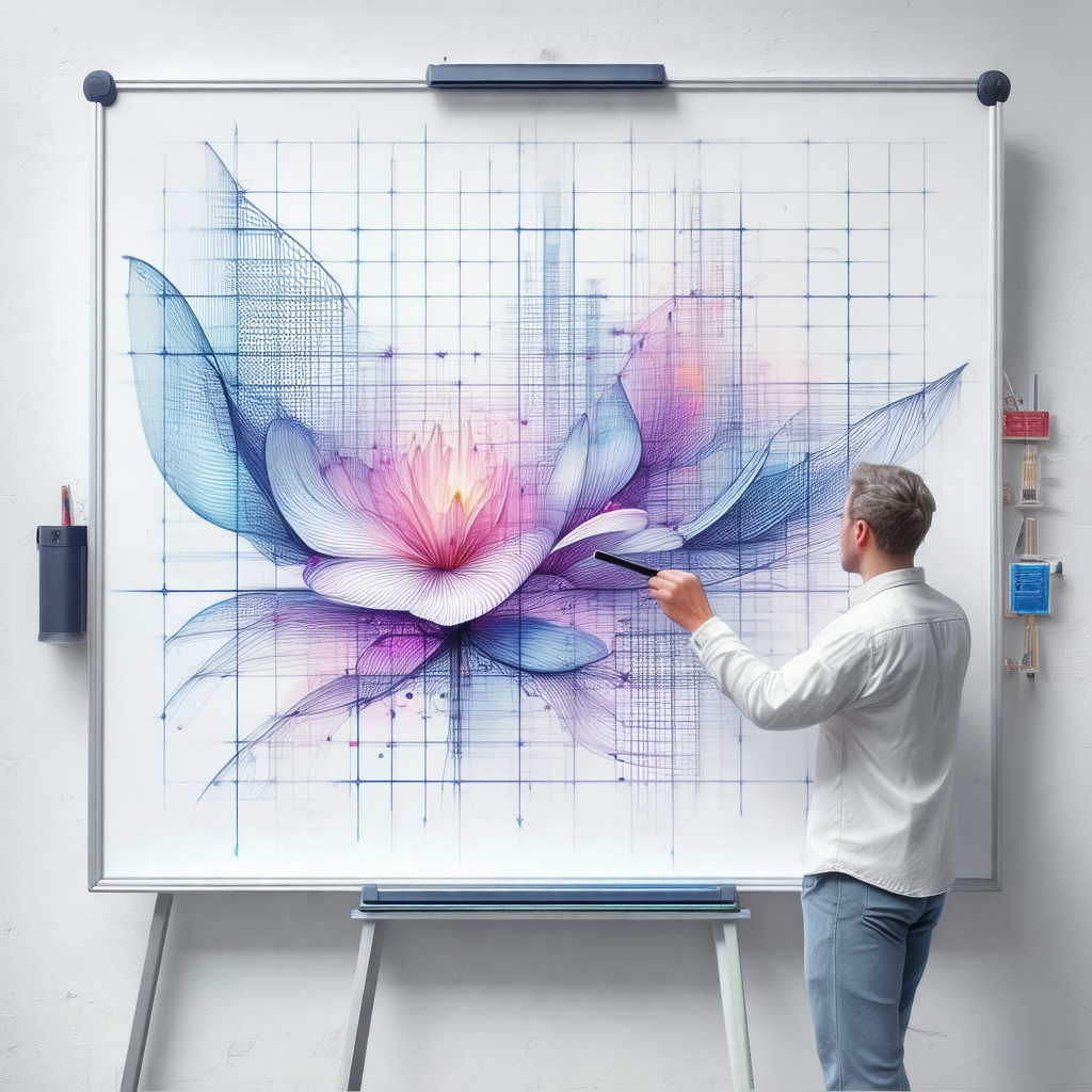 Man standing in front of a large drawing board, which is ...