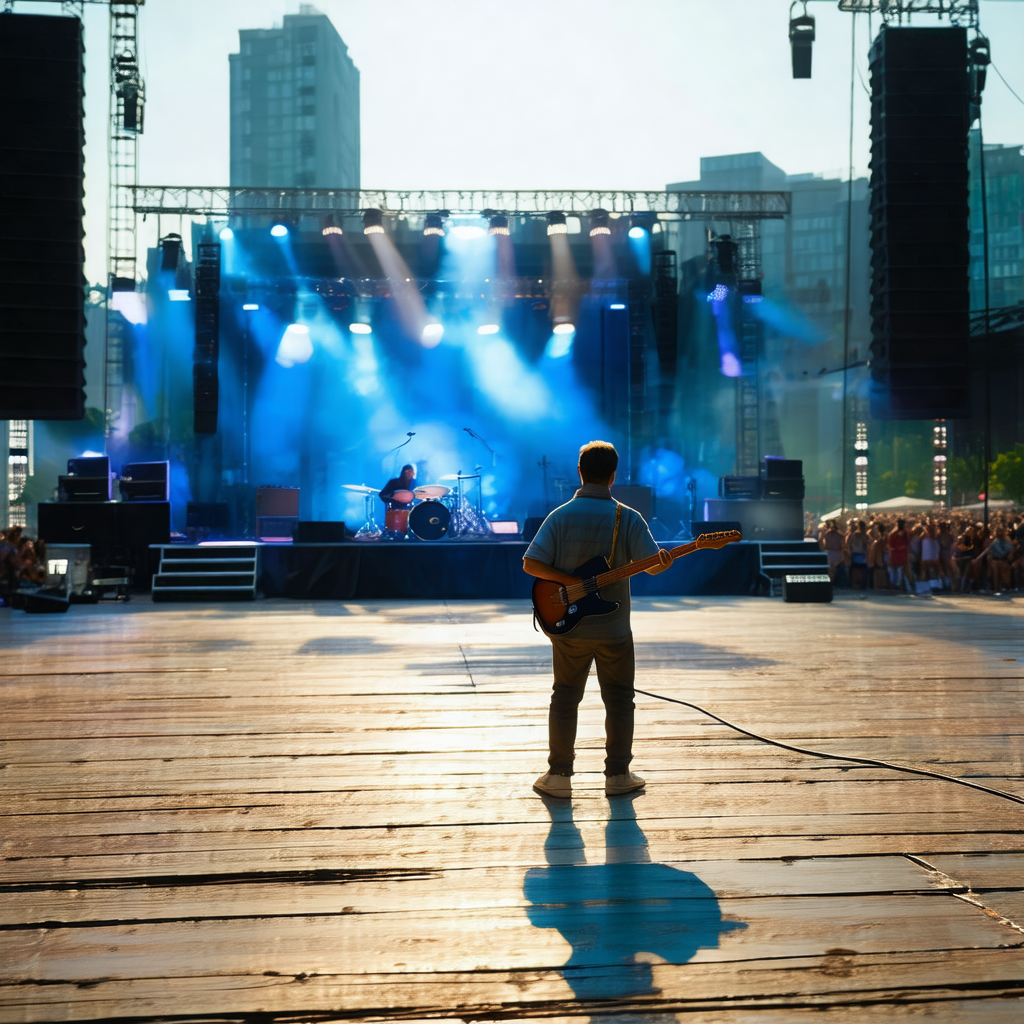 Man standing on a stage, holding a guitar and playing music