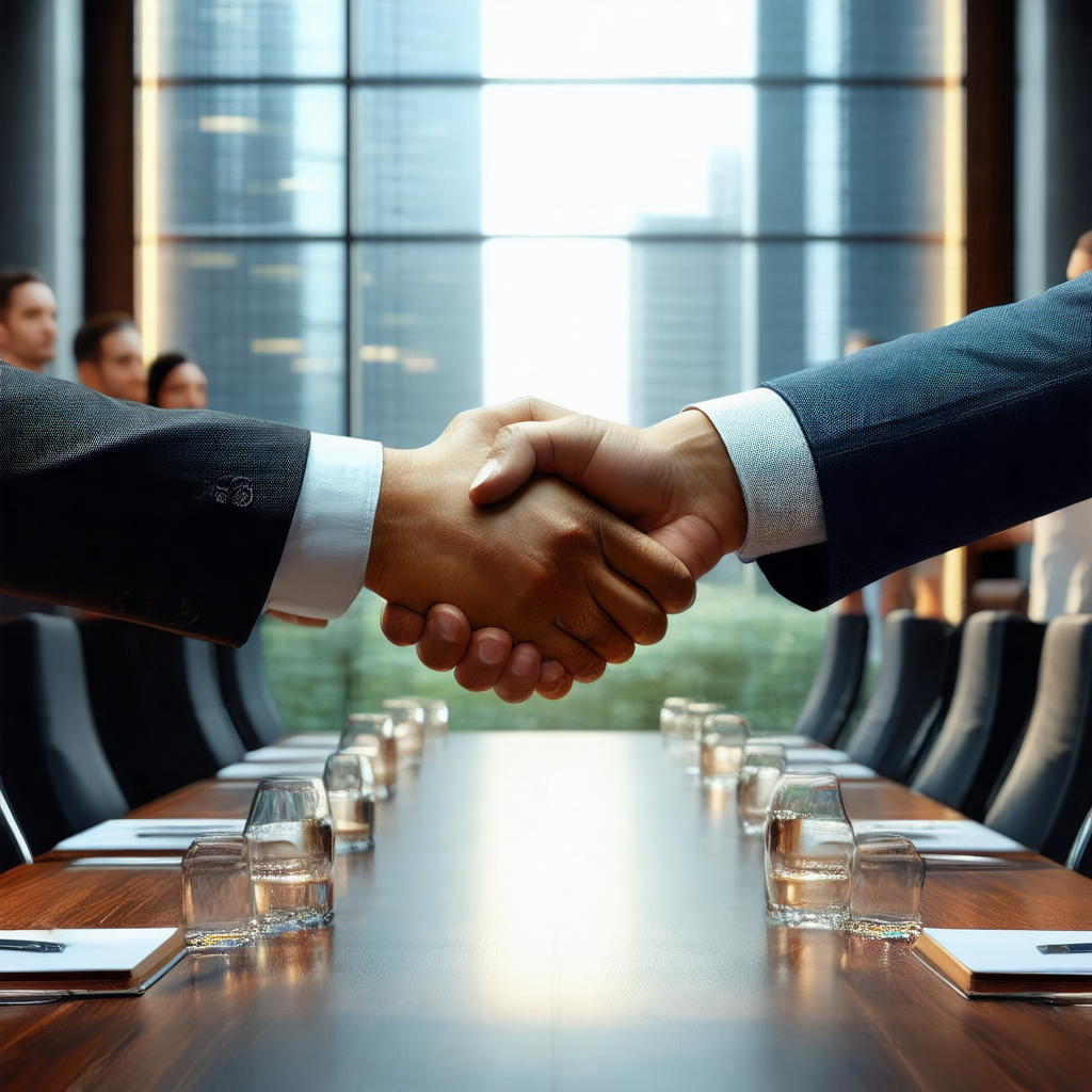 Group of people gathered around a large conference table,...