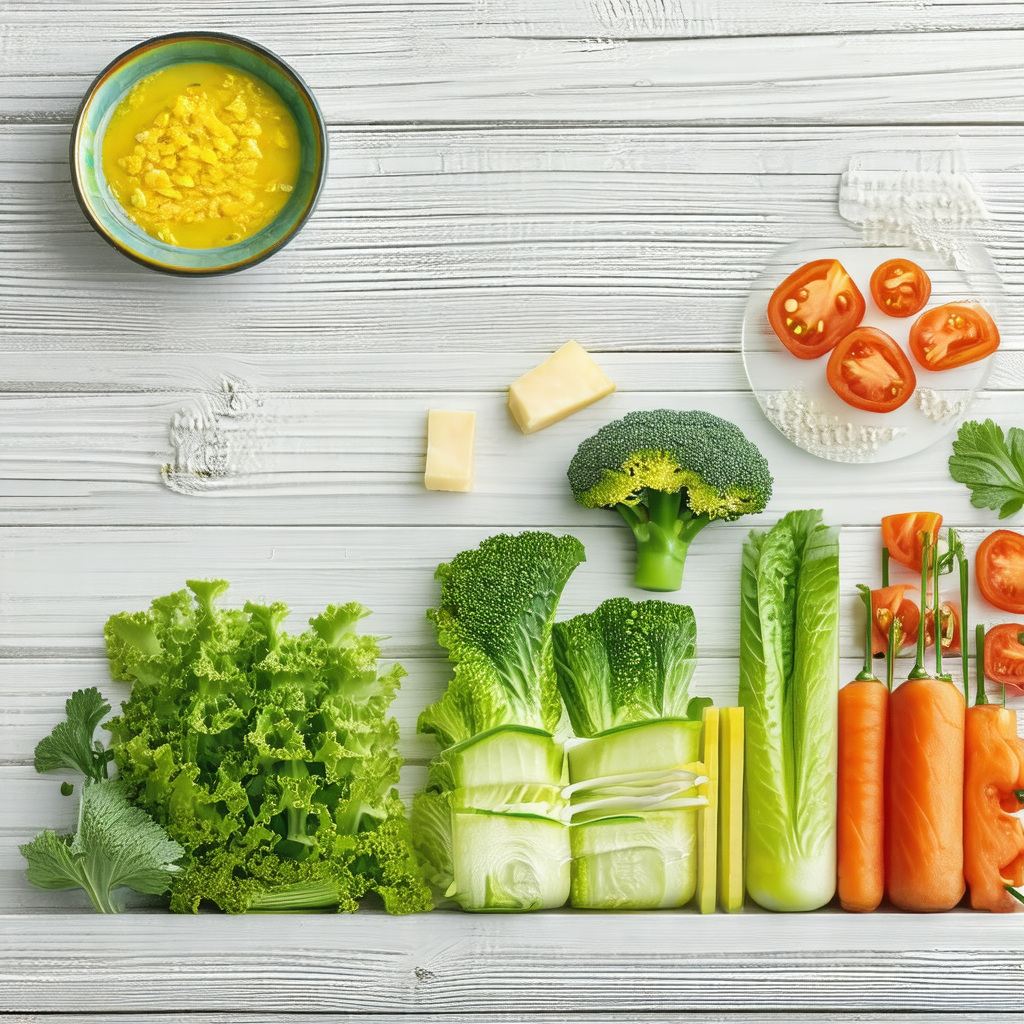Wooden table with a variety of vegetables and a bowl of soup