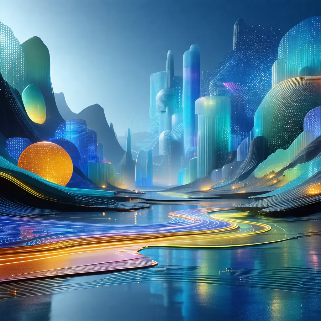 Futuristic cityscape with a large body of water in the fo...