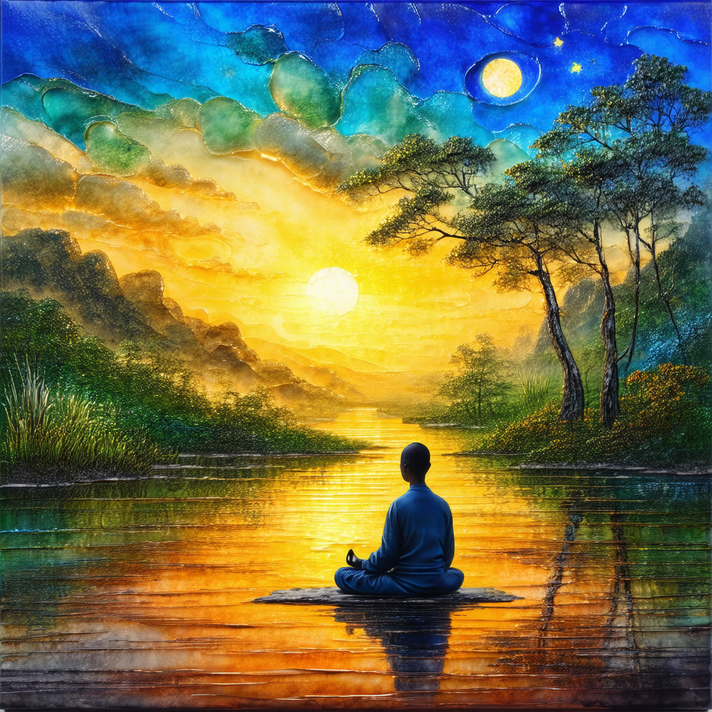 Serene scene of a man sitting on a rock in a body of wate...