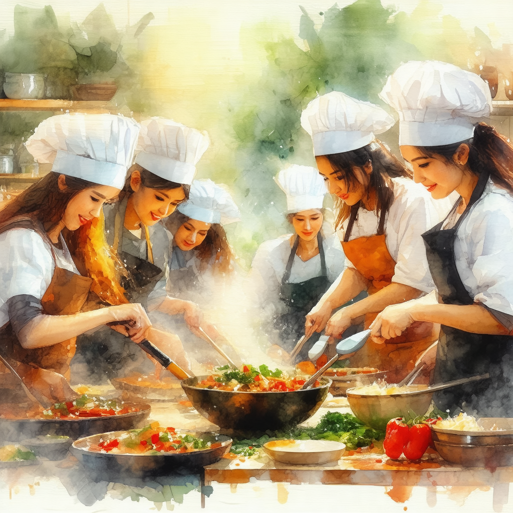 Group of chefs working together in a kitchen, preparing a...