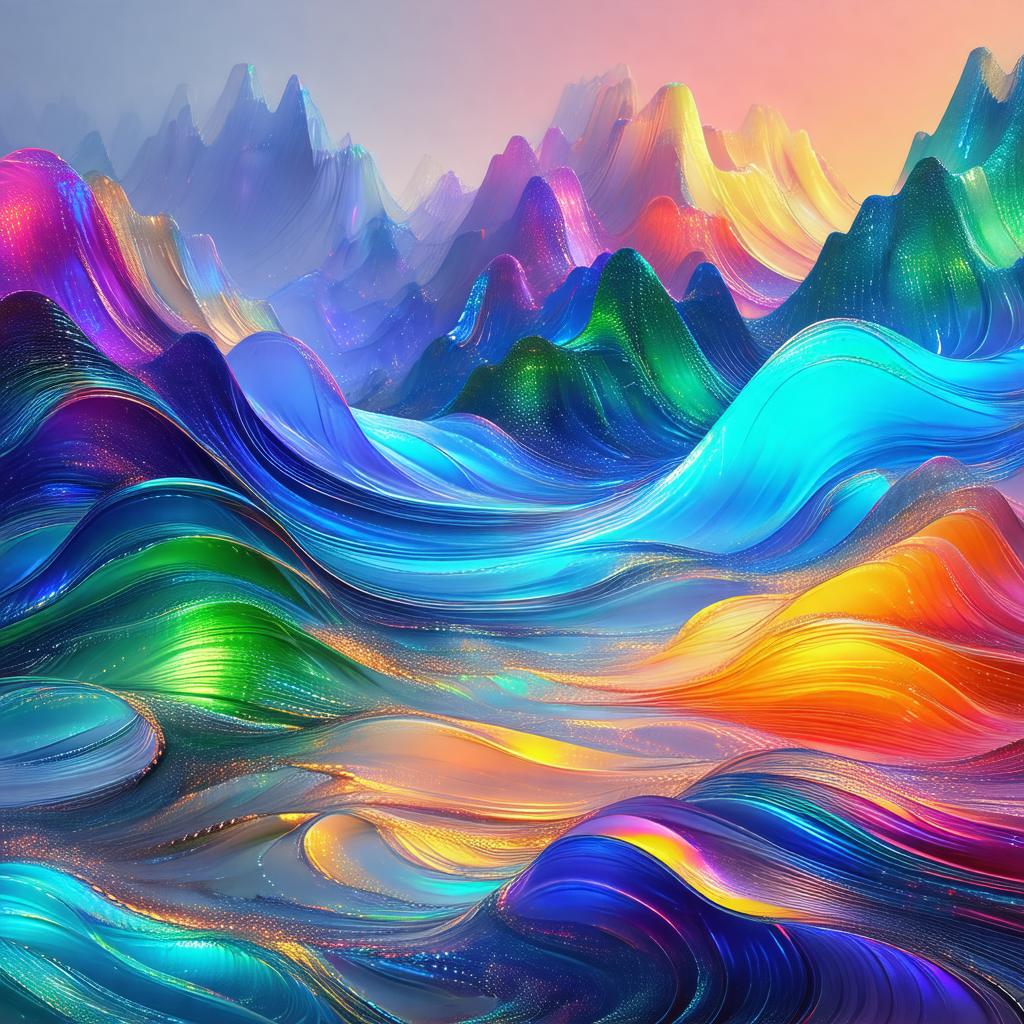 Colorful painting of a mountain range with a vibrant blue...
