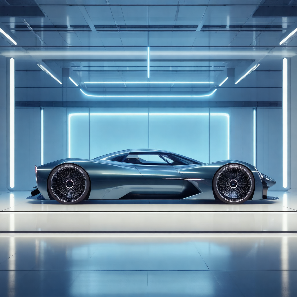 Sleek, futuristic-looking car parked in a garage