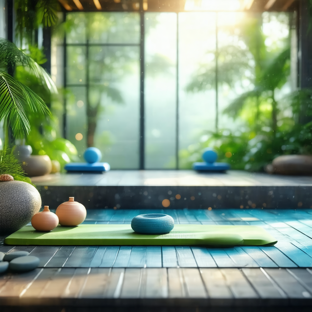 Room with a blue floor and a green yoga mat