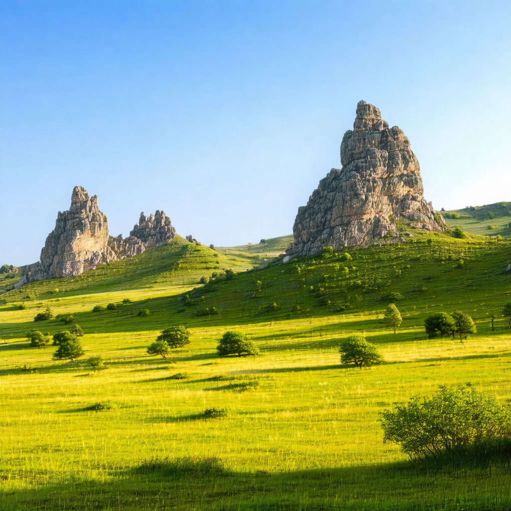 Lush green field with a few large rocks scattered through...