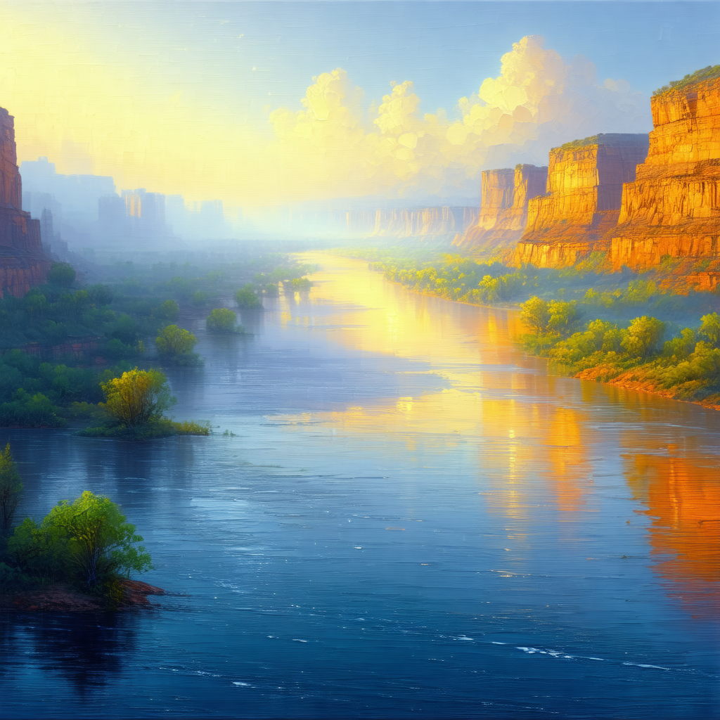 Serene scene of a river flowing through a valley, surroun...