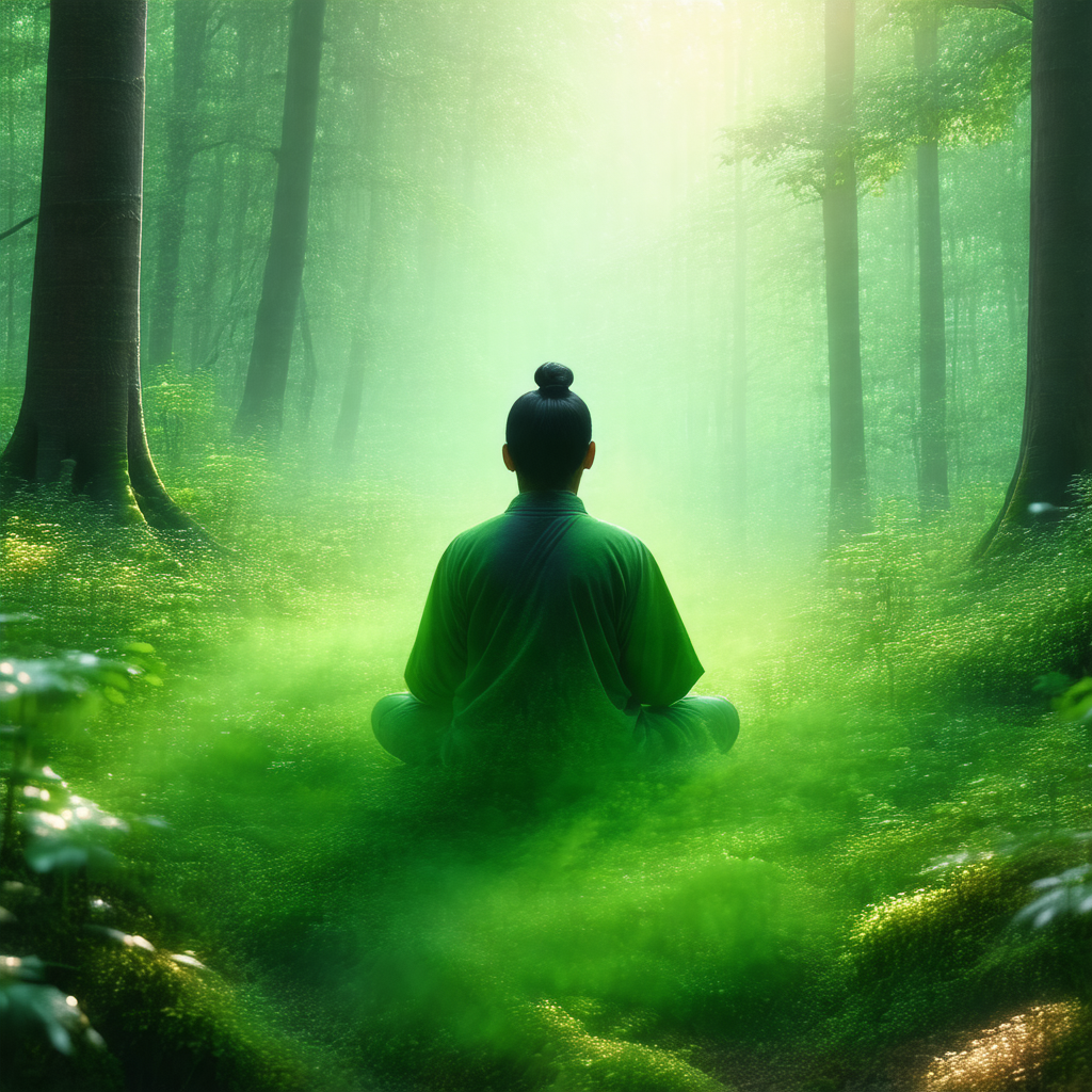 Man sitting in a forest, surrounded by trees