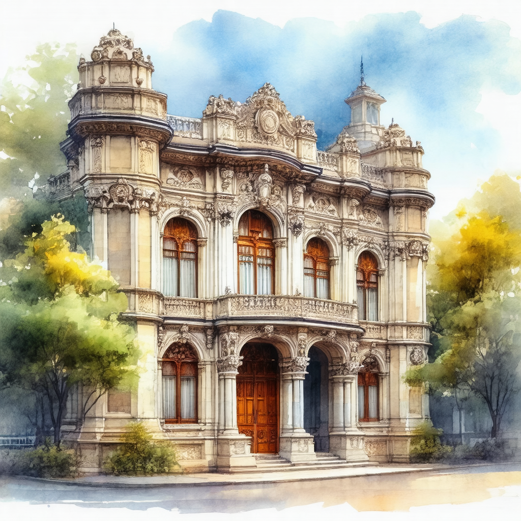 Painting of a large, ornate building with a prominent clo...