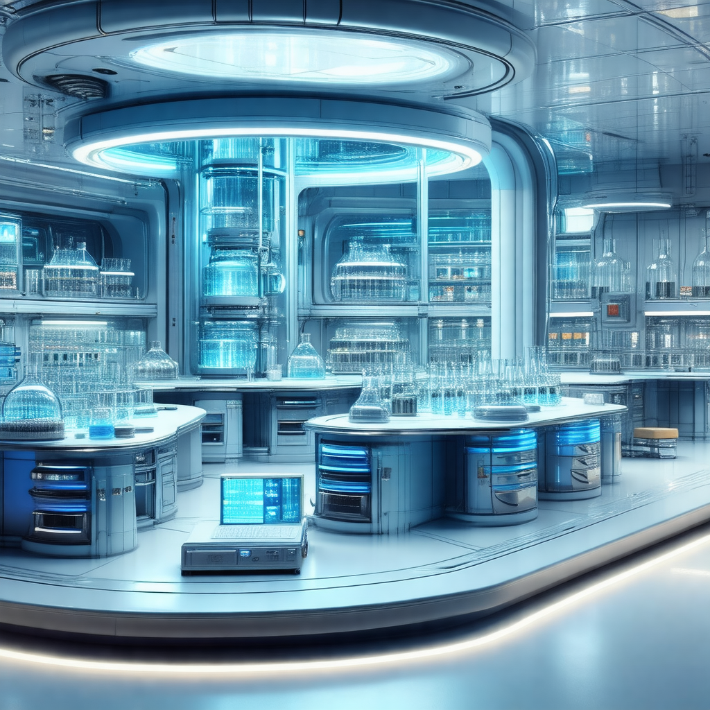 Futuristic laboratory filled with various pieces of equip...