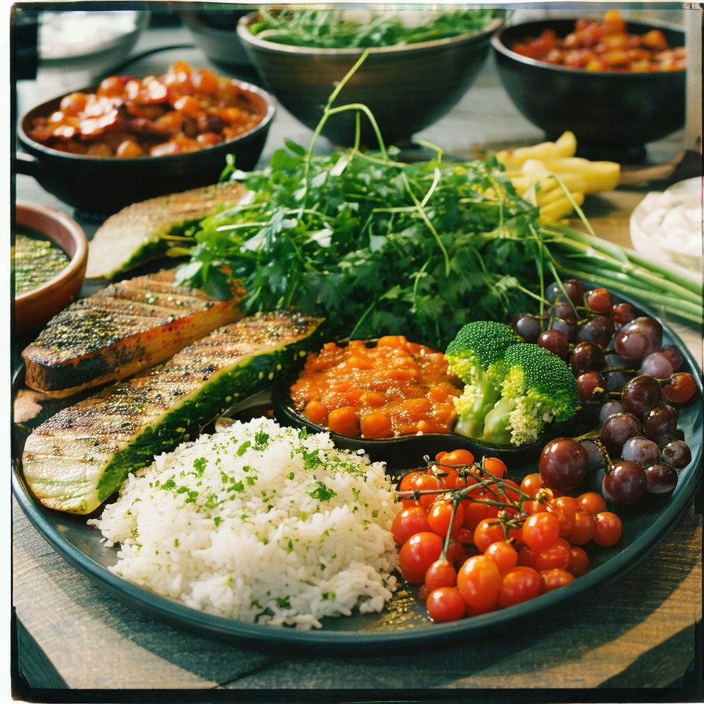 Large dining table with a variety of food items displayed...